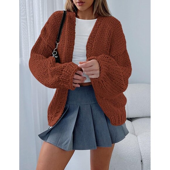 Womens Trendy Cardigan Sweaters Brown Red Long Sleeve Chunky Knit Outfits - Picture 7 of 8